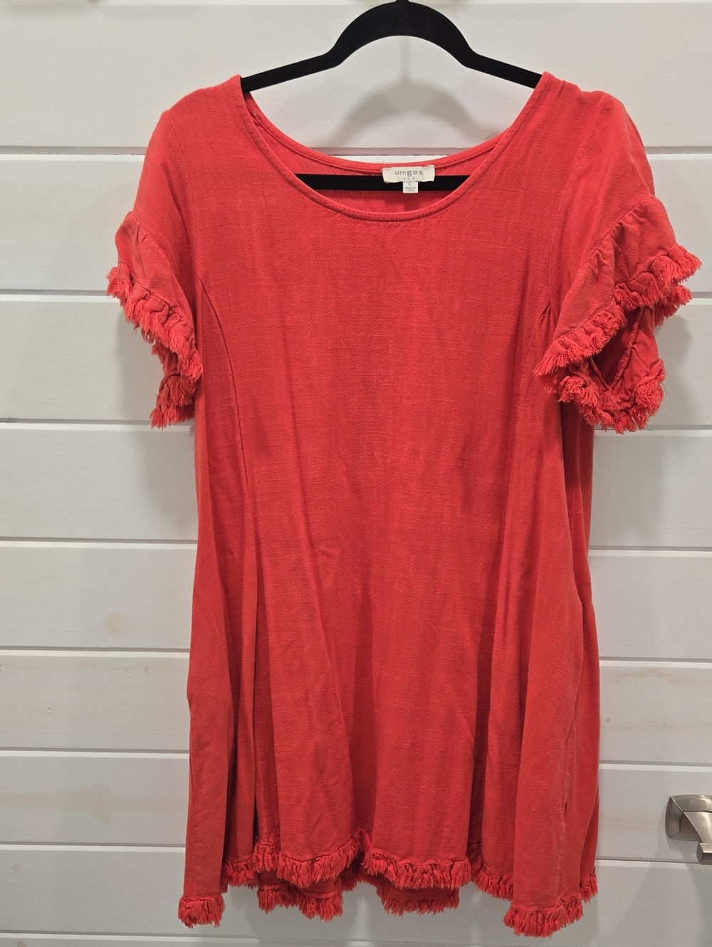 Umgee Coral Red Fringe Short Sleeve Dress
